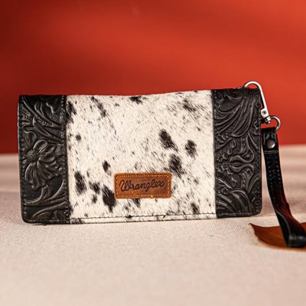 Wrangler Wristlet Wallets Western Wallet for Women Floral Tooled Horsehair-Black